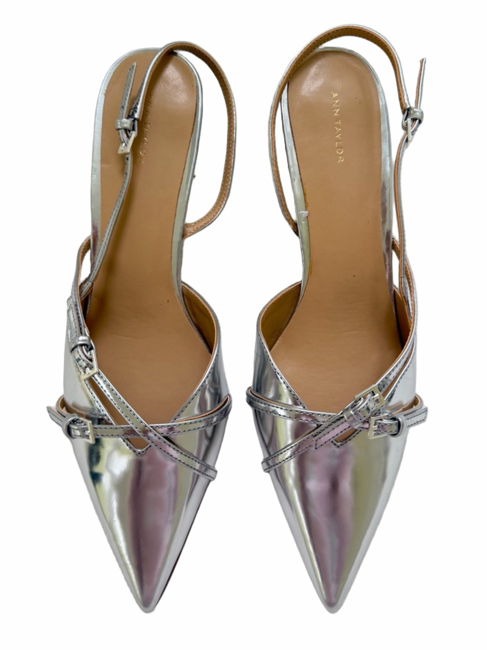 Ann Taylor Strappy Pointy Toe Leather Silver Metallic Kitten Heel Pump Sz 10 NEW - Picture 2 of 11